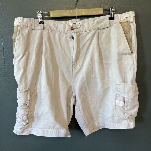 Orvis Khaki Leather Accent Pocket Cargo Outdoors Fishing Shorts 44 - Picture 1 of 4